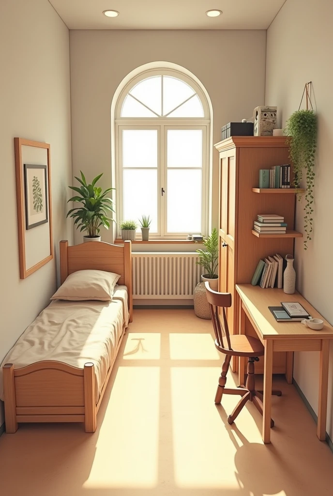 2,Design a room with a single bed, a bookcase, a large wardrobe and a desk in a 5 m² square room with a window in the middle on the north side and a radiator underneath, a door on the left side on the south side.