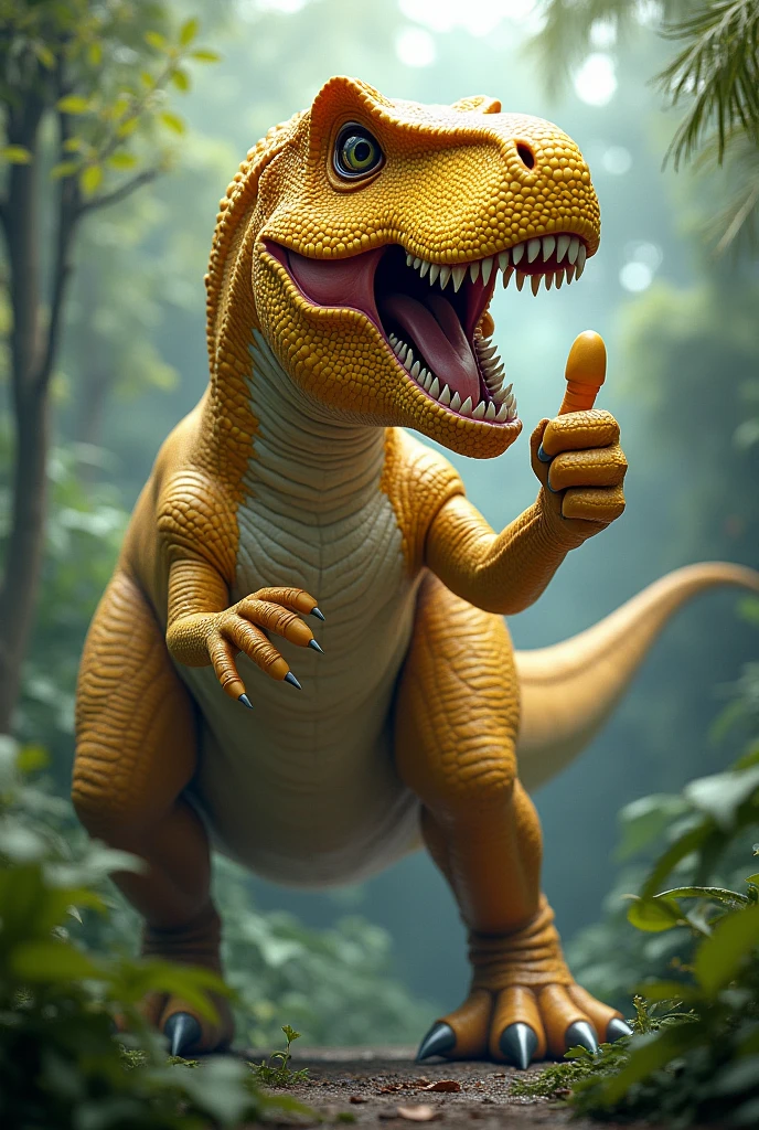 A blonde T-REX, giving a thumbs up