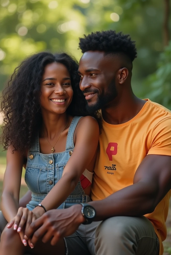 Create image of a beardless Kenyan body builder aged 16.Sitting next to his girlfriend with his t-shirt written "Kevo gi Roba McArossy"