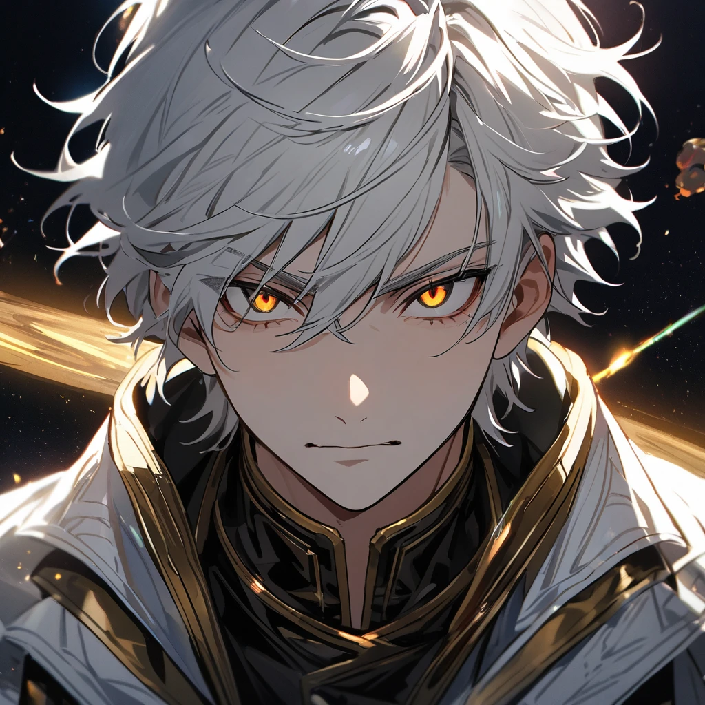 High quality, HD, 4k, no shadows, handsome male, 1male, 17 years old, teenager, short white hair, silver hair, white hair, sharp eyes, dark golden colored eyes, deep golden eyes, dark gold eyes, gold eyes, devil may cry, close up, calm expression, stoic expression, black leather clothes, white leather clothing, lean body, well trained body, upper body, looking at viewer, cowboy shot, white solar, space background