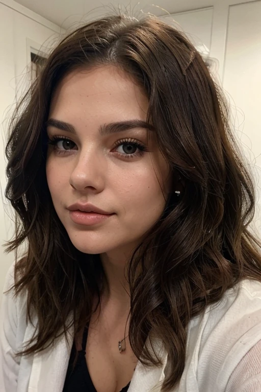 Very sexy woman face, 30years, attraction, brunette slightly wavy hair, thick lips, com piercing no nariz