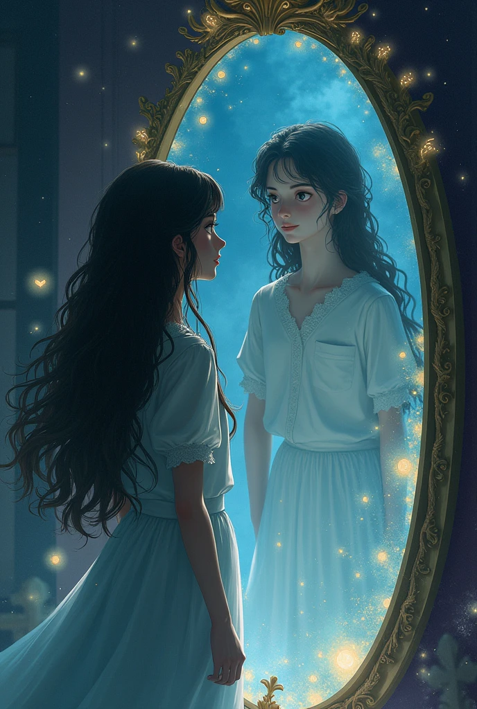 A girl with long hair seeing her other self which is a man in a mirror taller than her. Make them as painting or amine caracters