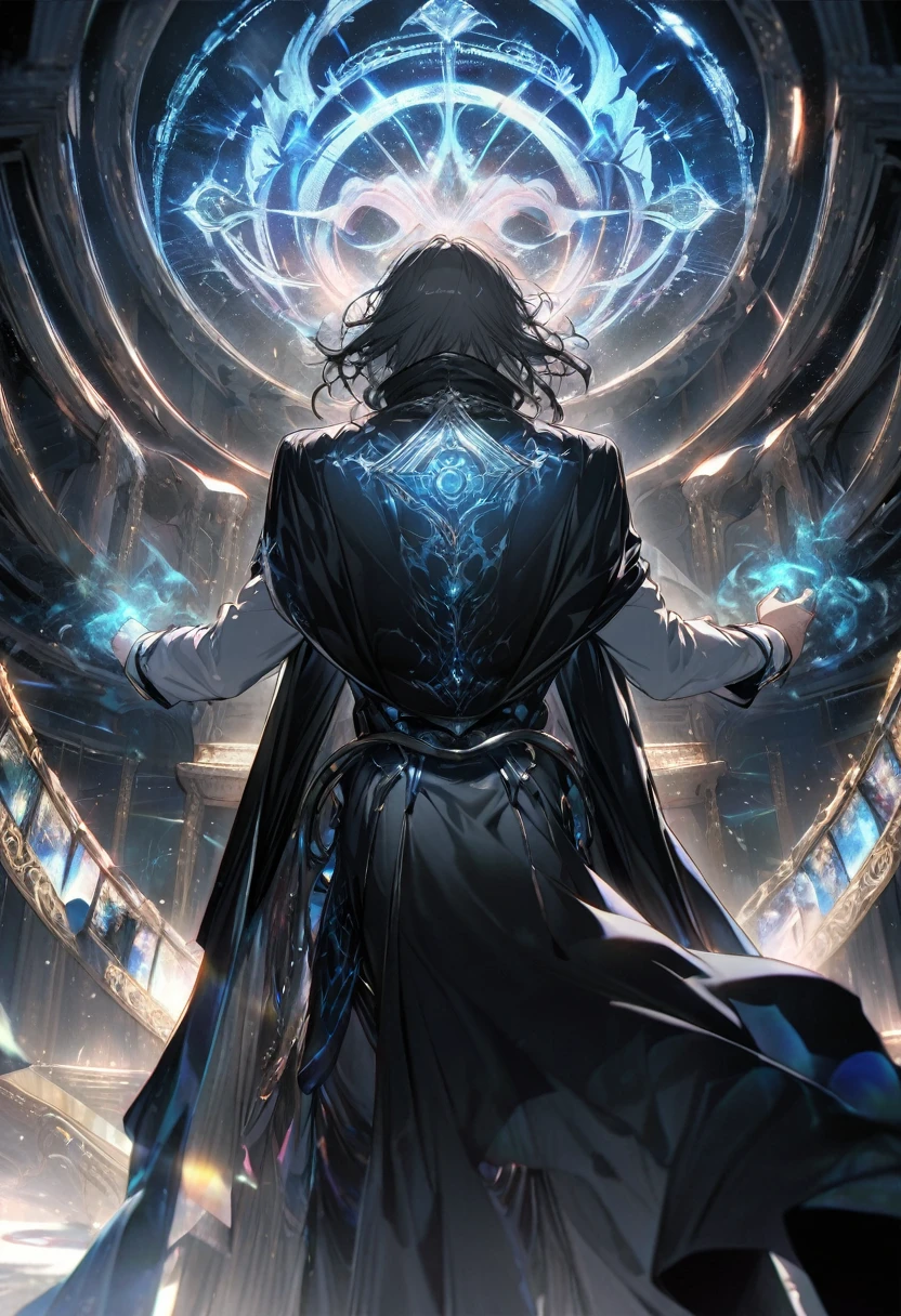 best quality, Super Fine, 16K, ridiculous, Extremely detailed, Delicate and dynamic, Multiple Translucency, Blue magic circleRed magic circle,Young male magician with his back to the audience,Black cape,Black gray smoke,Prism Effects, Mirror, and lighting, Dark Breath Vortex, Beyond the Universe