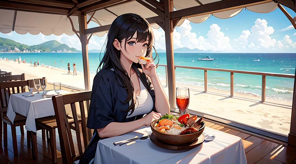 A beautiful woman eating a seafood bowl at a seaside restaurant with a view of the sea