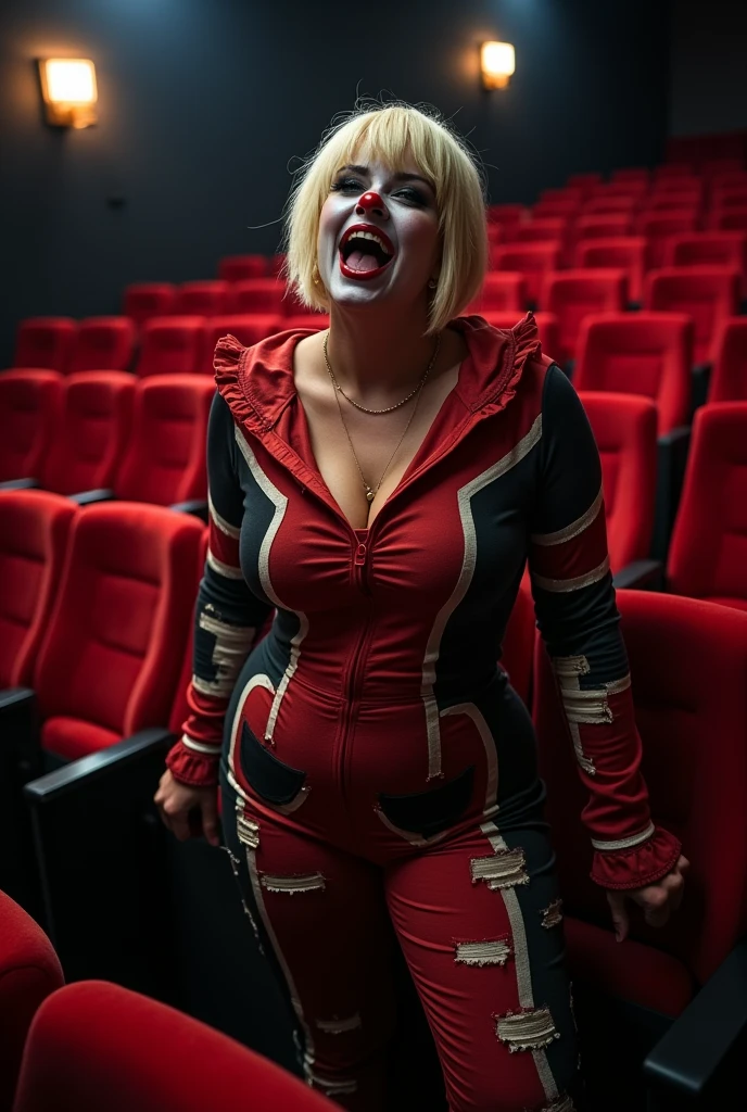 A woman with short blonde haire. She has an hourglass figure, massive breasts. ,Wide hips (implants), Prominent buttocks (implants). She's fully clothed, not naked or topless. For the special horror night at the cinema, the female star decided to dress up as an evil clown. She wore a colorful jumpsuit, with bright patterns of red, black and white, but with a torn and worn style that gave her a sinister look. Her face is exaggeratedly made-up: an overly wide smile painted red, white cheeks and eyes surrounded by black, creating a striking contrast. Amidst the spectators, she stands in the aisle, waiting for the right moment to make her appearance. The lights dim, and an atmosphere of suspense fills the room. When the film reaches a key moment, she takes a step forward, balancing a fake ball in her hands, before dropping it with a thud. At this point, she emerges, assuming a menacing pose, and lets out a devilish laugh. The audience, startled at first, reacts with shrieks and nervous laughter, captivated by her disquieting performance. Her playful yet terrifying evil clown disguise transforms this movie night into a memorable and amusing experience for all present.