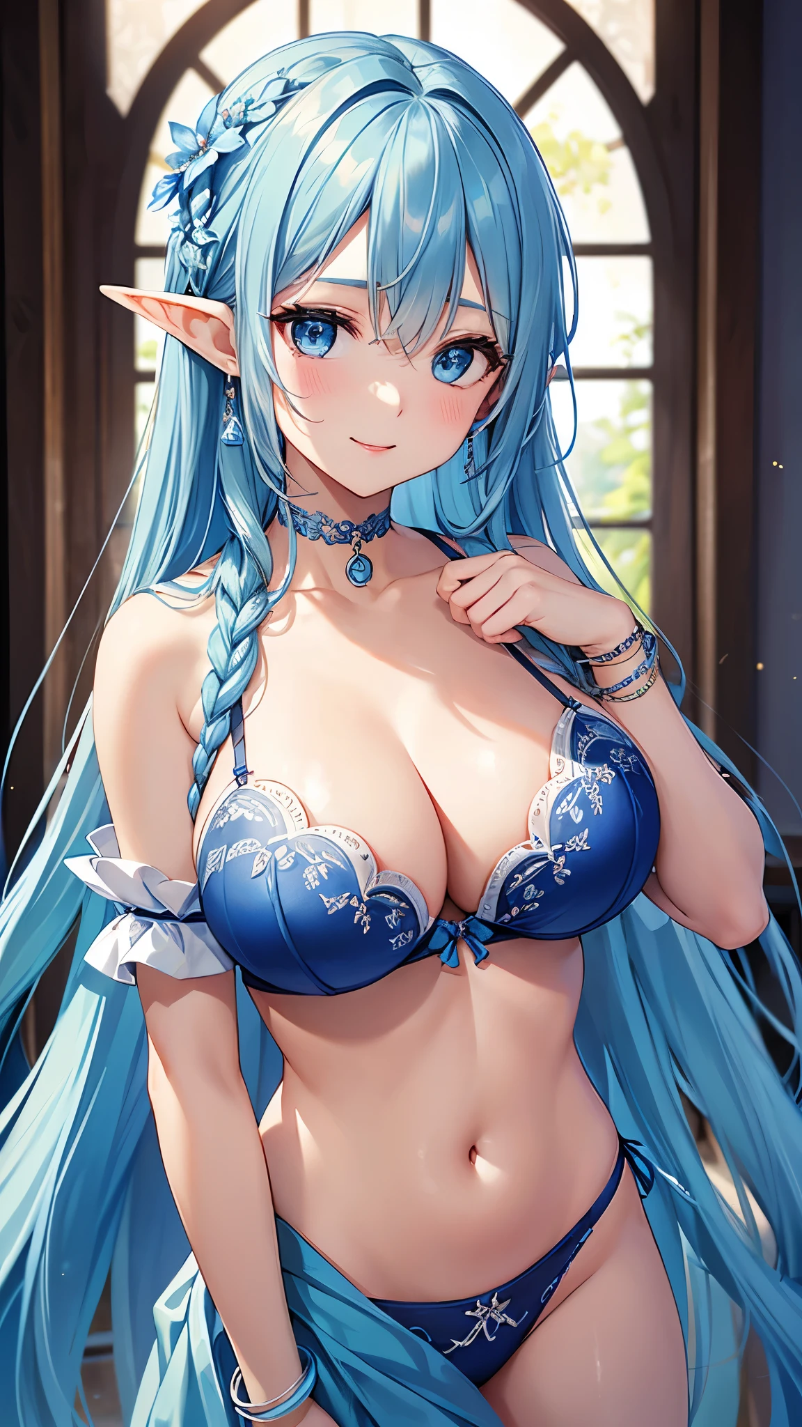 Highest quality、Highest quality、masterpiece、(8k resolution),beauty(Age 25)、(Mature Appearance)、Light blue long hair(Braiding of sides)、blue eyes、(Light blue underwear with detailed embroidery、bra)、(Elf)、Big cleavage、((Very big breasts that are about to burst))、smile、blue necklace、Blue Earrings、background(flower)、Please open your mouth wide、bracelet、Dynamic pose、Blue choker、