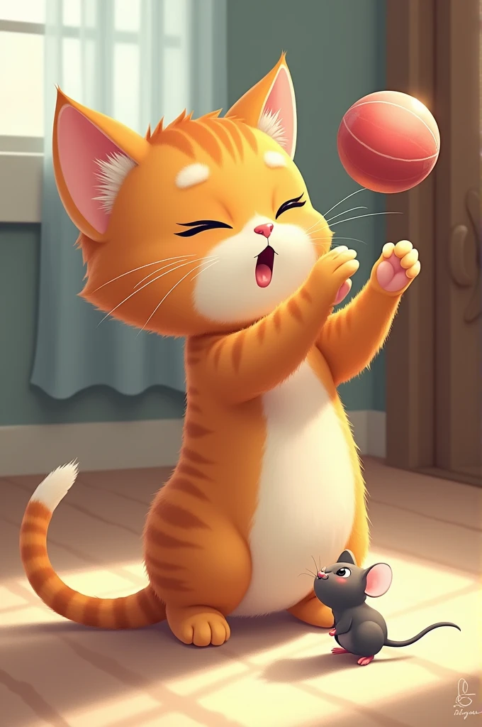 A cat standing playing ball with a mouse