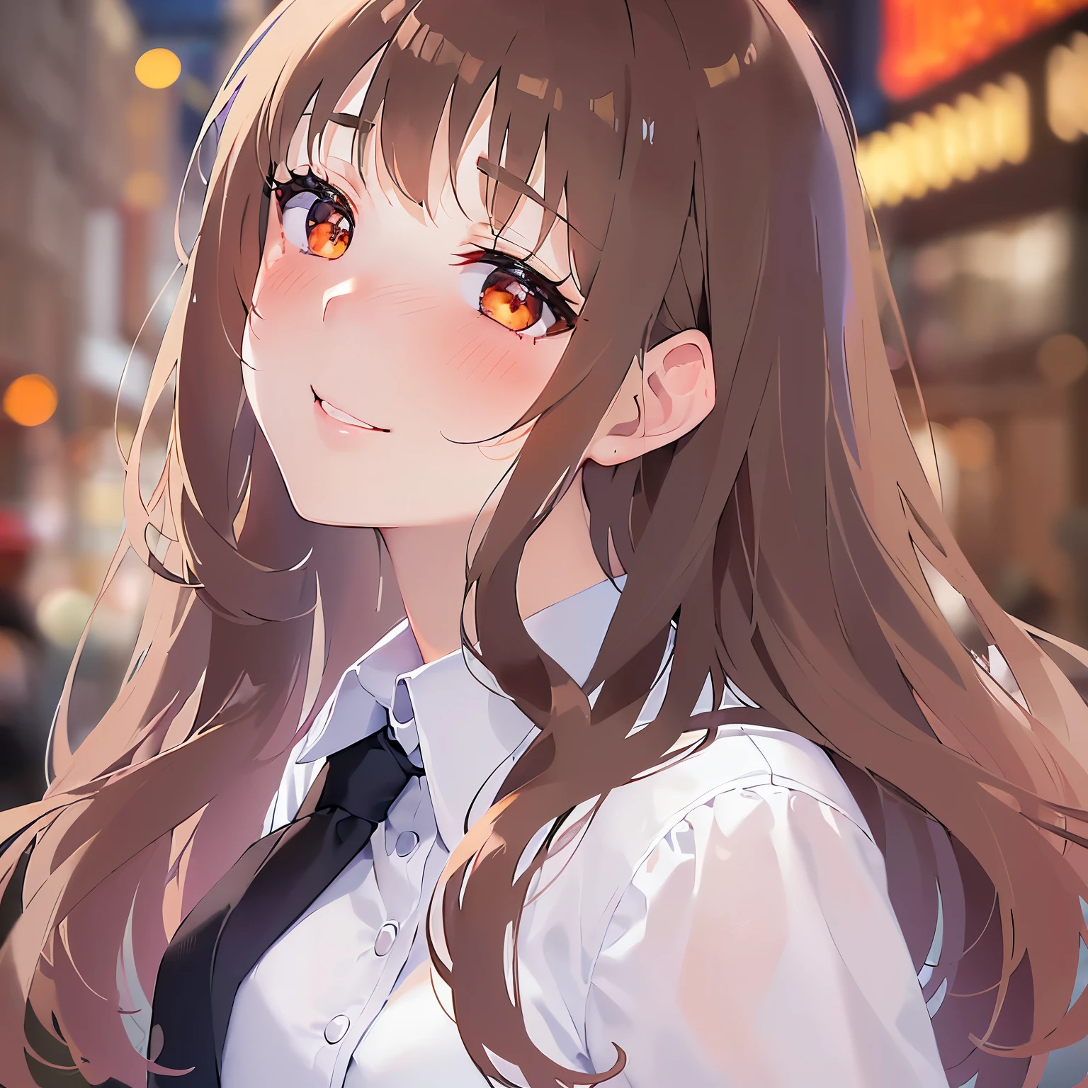 head tilt, Close-up of your face, looking up, (pale skin: 1.2), shiny skin, shiny hair、(A 25-year-old woman with medium-length hair and bangs) and (wavy hair) and (brown hair) and (orange eyes) , (business suit:1.5) and (white collared shirt) , smile, (blush:1.5), The background is a shopping street at night、Alone、Are standing
