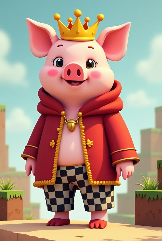 pig with king crown red and king shirt and checkered pants.cartoon style Minecraft