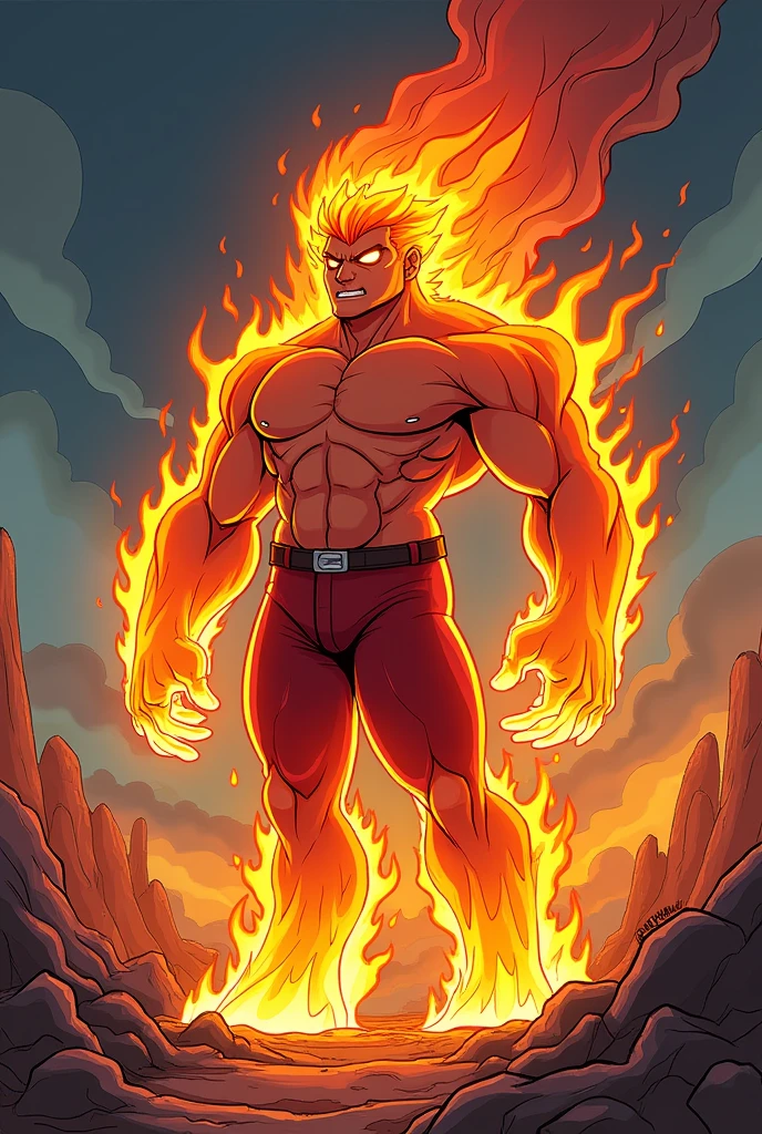 create an art style of a muscular fire people man from Adventure Time cartoon style drawing, cartoon-like