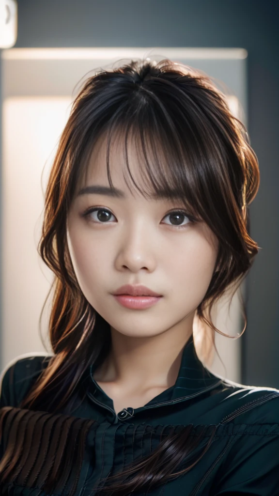 1japanese girl, brown hair, long hair,black shirt,blue pants,cool face,丸い形をした nose, black eyes,best quality, masterpiece, ultra high resolution, super detailed, photorealistic, intricate details, cinematic lighting, dramatic shadows, muted color palette, seamless blending, highly realistic, volumetric lighting, depth of field, hyperrealism, award-winning photography,upper body,from front,white background,looking at viewer、垂れ目、big eyes