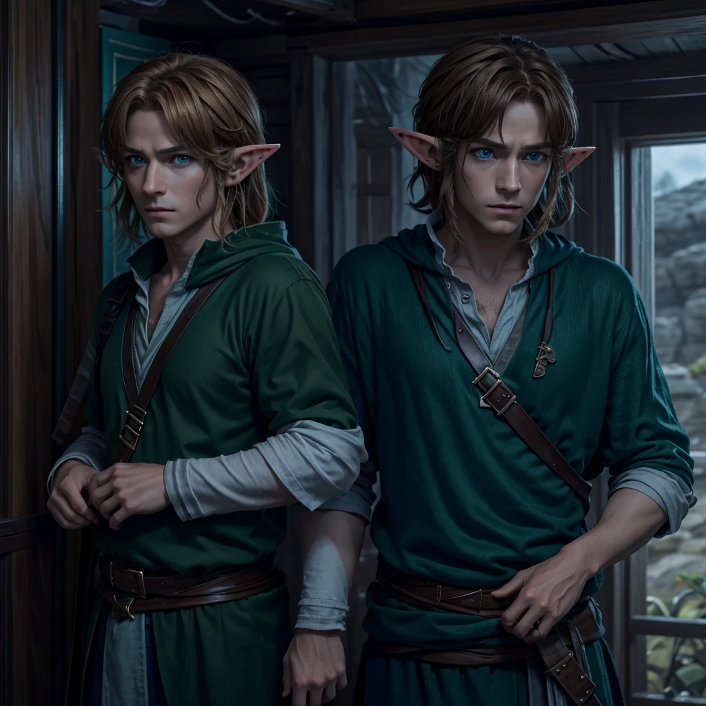 Very detailed, Ultra-realistic live-action version of Link from The Legend of Zelda,、Very detailed顔の特徴, Piercing blue eyes,, disheveled brown hair, Sad look, Green-themed elf clothing