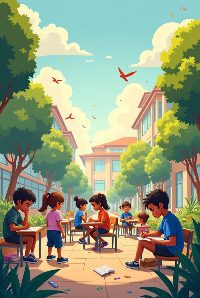 Translate it to English with specific details of what I want:
Create an image that conveys education, peace, and a fight against school violence, and includes the message "Construyamos un ambiente más seguro" in Spanish.