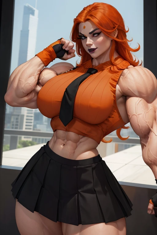 ((Close-up)), tall, (orange hair) beautiful muscular woman, long shaggy hair, pale white skinned, closed smile, (black lipstick), (massive muscles), (hyper muscle), (ginormous bulky muscles), purple eyes, (((sleeveless orange pleated shirt))), ((long black pleated skirt)), (fingerless gloves), necktie, boots, (flexing bicep), on a skyscraper, 