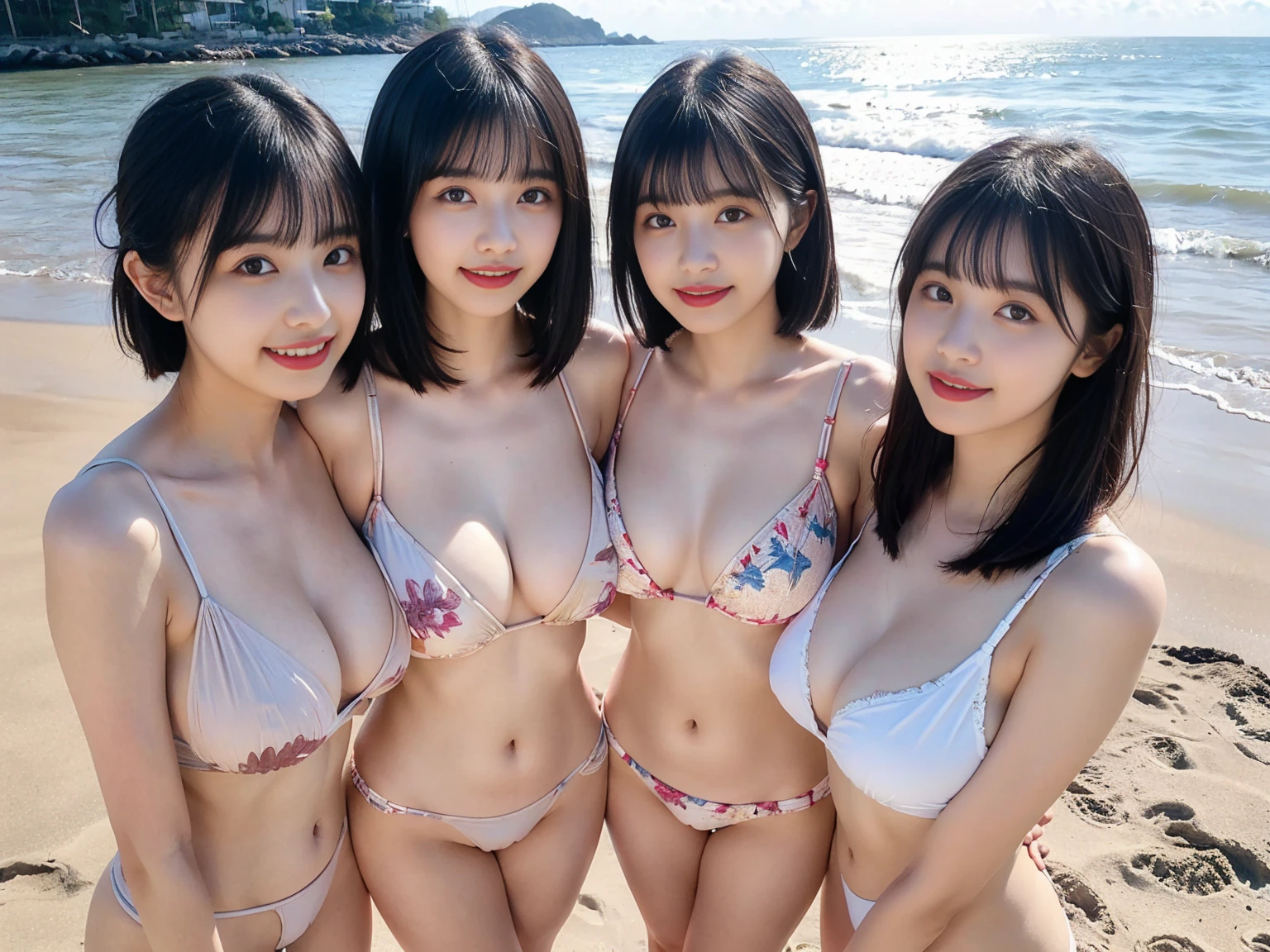 nsfw, masterpiece, Best Quality, ultra-detailed, (Best Quality, ultra-detailed, masterpiece:1.5), natural light, (full-body shot:1.5), Perfect eyes, smile, (extremely detailed eye and face), (gigantic huge breasts, cleavage:1.5), (very cute japanese girls:1.1), (naked, nude:1.5),(3girls:1.3), (3girls are standing in the beautiful beach:1.2), bangs, bangs between eyes, straight hair, (breasts focus:1.5), rounded face, (3girls are smiling with their mouth opened:1.2), japanese cute college students, japanese idol, perfect pink nipples,(pubic hair, pussy:1.2), (from below:1.25)