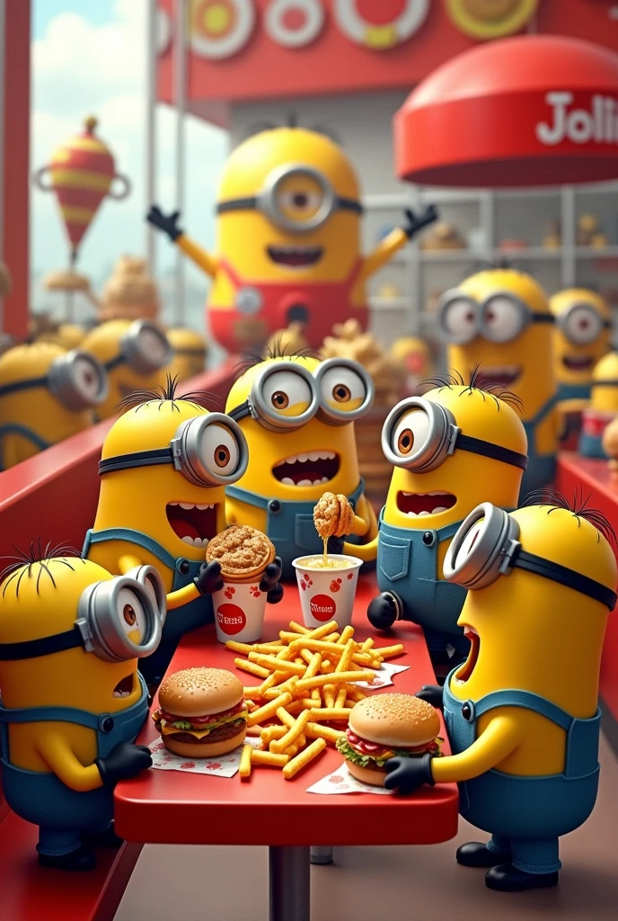 Minons eating burgers and fries at Jollibee 