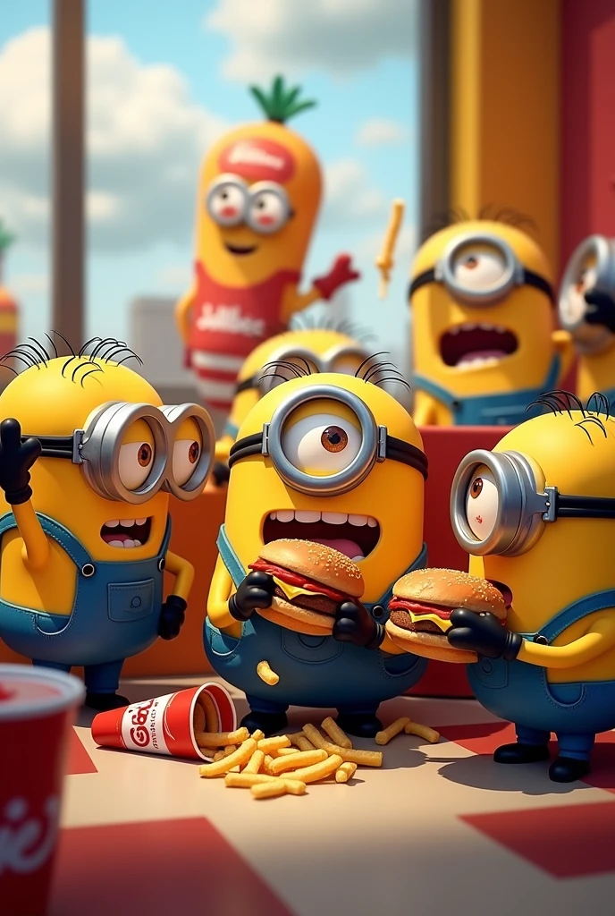 Minons eating burgers and fries at Jollibee 