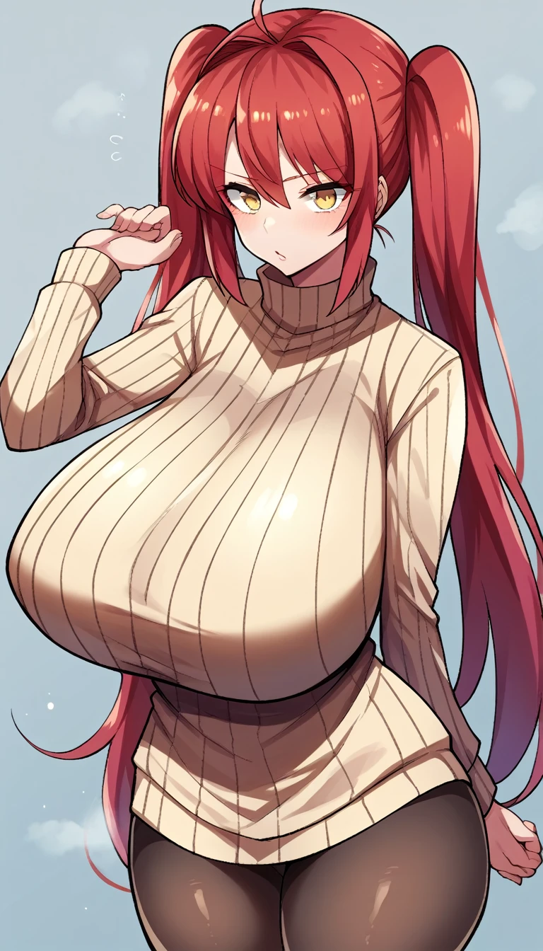 score_9, score_8_up, score_7_up, source_anime BREAK 1girl, solo, standing, cowboy shot, pantyhose, turtleneck sweater, ribbed sweater, sweater dress, red hair, twintails, very long hair, yellow eyes, huge breasts