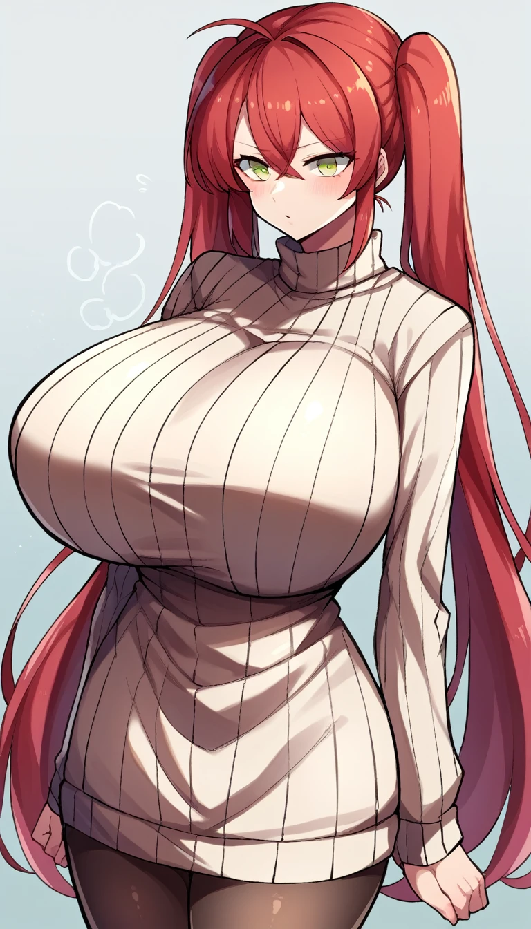 score_9, score_8_up, score_7_up, source_anime BREAK 1girl, solo, standing, cowboy shot, pantyhose, turtleneck sweater, ribbed sweater, sweater dress, red hair, twintails, very long hair, yellow eyes, huge breasts