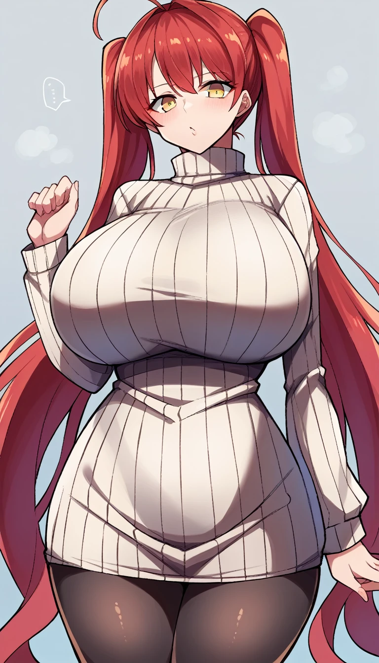 score_9, score_8_up, score_7_up, source_anime BREAK 1girl, solo, standing, cowboy shot, pantyhose, turtleneck sweater, ribbed sweater, sweater dress, red hair, twintails, very long hair, yellow eyes, huge breasts