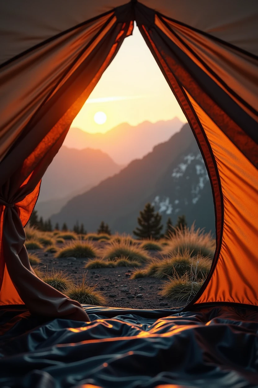 Create a very realistic image,from inside a camping tent,everything is straight static,it is closed