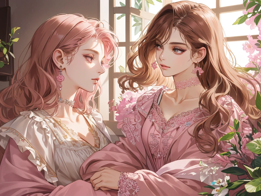 (extremely delicate and beautiful:1.2), 8k, (masterpiece:1.0), (best_quality:1.0), 1girl, solo, young woman, complex details, enlarged textures, finely detailed eyes and detailed face, intricate details, (cleavage), modern clothes, (closed mouth), perfect eyes pink, equal eyes, eyelashes, earrings, choker, jewelry, short wavy brown color, loose and elegant dark shirt,
