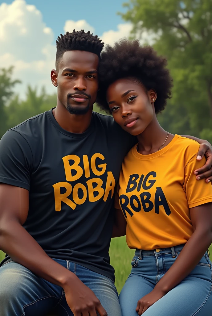 Create image of a beardless Kenyan body builder aged 16.Sitting next to his girlfriend with his t-shirt written "Big Roba"