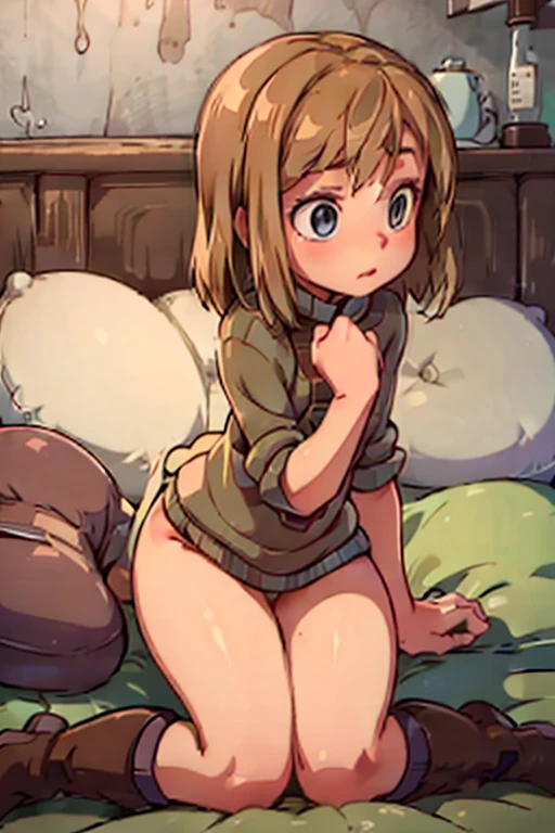 tennis girl's massive rear butt out of bottomless slutty mini sweater out bare and brown boots, showing her vagina, lying down on bed, wearing oven mittens under big pillow, blindfold