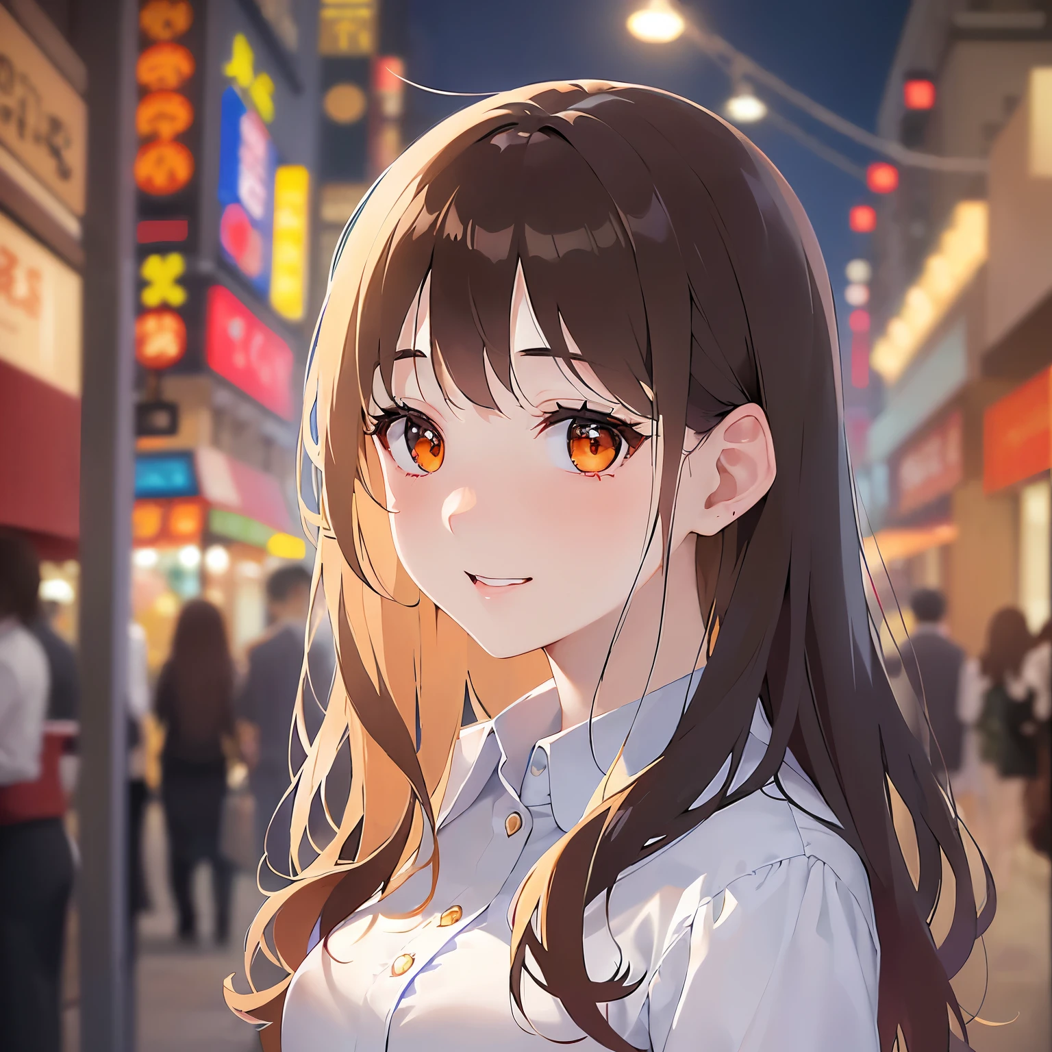 head tilt, Close-up of your face, looking up, (pale skin: 1.2), shiny skin, shiny hair、(A 25-year-old woman with medium-length hair and bangs) and (wavy hair) and (brown hair) and (orange eyes) , (white collared shirt) , smile, (embarrassed:1.3), The background is a shopping street at night、Alone、Are standing