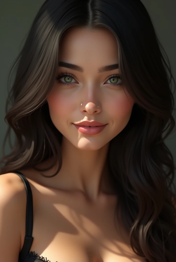Portrait d'une jeune fille avec des cheveu lisse de 24 ans très réaliste avec un air arabe et turque avec un regard désireux sexuel et le corps entier apparent et une ressemblance a 50% avec abella danger avec les yeux vert très realiste et avec le visage bien visible le plus réaliste possible sans aucun flottage souriante