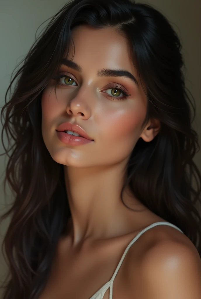 Portrait d'une jeune fille avec des cheveu lisse de 24 ans très réaliste avec un air arabe et turque avec un regard désireux sexuel et le corps entier apparent et une ressemblance a 50% avec abella danger avec les yeux vert très realiste et avec le visage bien visible le plus réaliste possible sans aucun flottage souriante