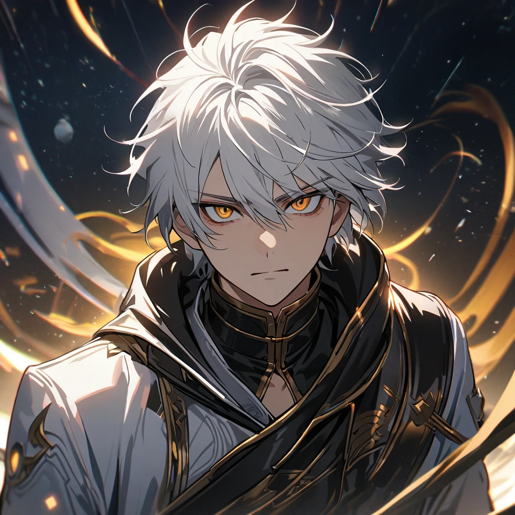 High quality, HD, 4k, no shadows, handsome male, 1male, 17 years old, teenager, short white hair, silver hair, white hair, sharp eyes, dark golden colored eyes, deep golden eyes, dark gold eyes, gold eyes, devil may cry, close up, calm expression, stoic expression, black leather clothes, white leather clothing, lean body, well trained body, upper body, looking at viewer, cowboy shot, white solar, space background