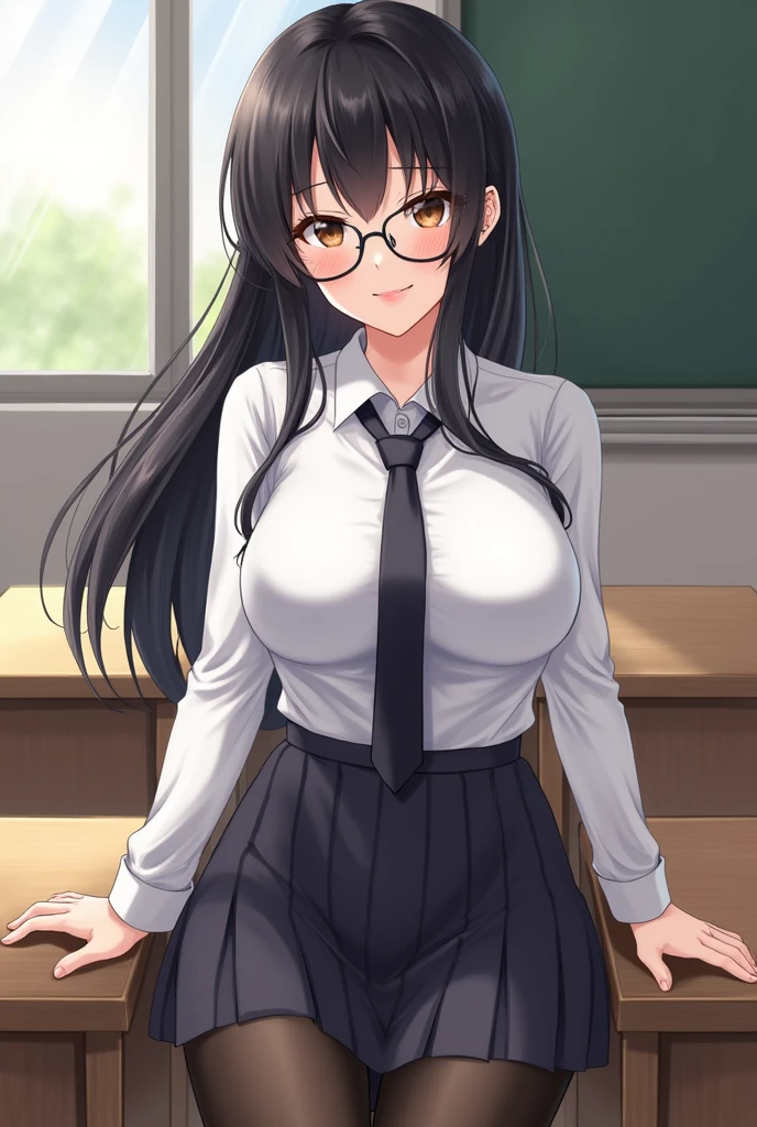 masterpiece, Sharp Focus, beautiful girl, tactile hair, black hair, Glasses, sexy, classroom, heels, pencil skirt, milf, big tits, open shirt ,Wearing a white coat over a suit, NSFW.