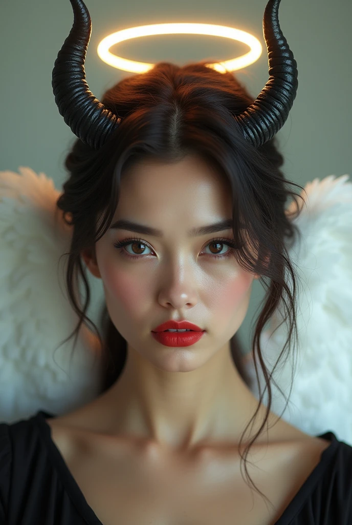 Woman on the right side angel and on the left side demon with beautiful face American features looking straight at the camera and on the right side of her head she has an angelic ring and on the left side a cinematic horn
