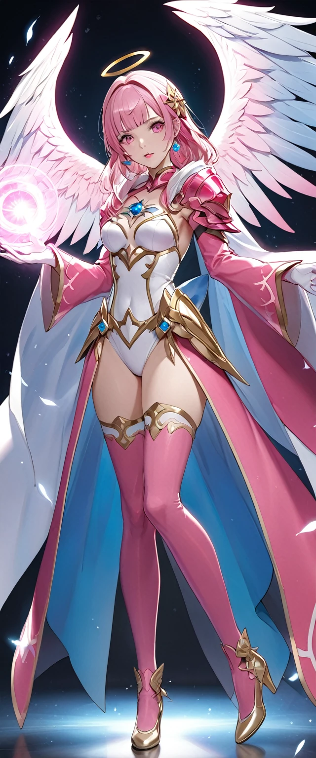 (Perfect Anatomy)、Mastepiece、Ultra High Quality、 8k、masterpiece、Highest quality、Ultra-high resolution、Maximum resolution、Very detailed、Professional Lighting、anime、woman、thin、so beautiful、Highly detailed eye、Highly detailed face、Golden earrings、Pink Hair,、Pink eyes、Detailed costume patterns、Mid-chest、Blue jewel on chest, makeup, eyeliner, eye shadow, pink cheek, pink lips, upper arm pink armor, white leotard, pink pattern, full body, magical girl, Angel Girl, Are standing, pink thigh high stockings, white super long boots, pink gauntlet, high heels, blunt bangs, Hime cut, bridal hair accessory, paladin robe, Cloaked in a rainbow-colored light, Gathering energy in hands, enraged