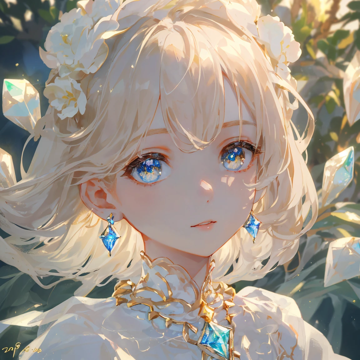 1 girl masterpiece, highest quality, shape, crystal ivory cream delight eyes and hair, crystal ivory cream delight earrings, crystal ivory cream delight necklace, soil, earth fairy, cute, (dynamic lighting:1.2), cinematic lighting, delicate features, fine eyes, sharp pupils, realistic student, written boundary depth, Bokeh, sharp focus, (very detailed, bloom, shine:1.4), lots of little gems