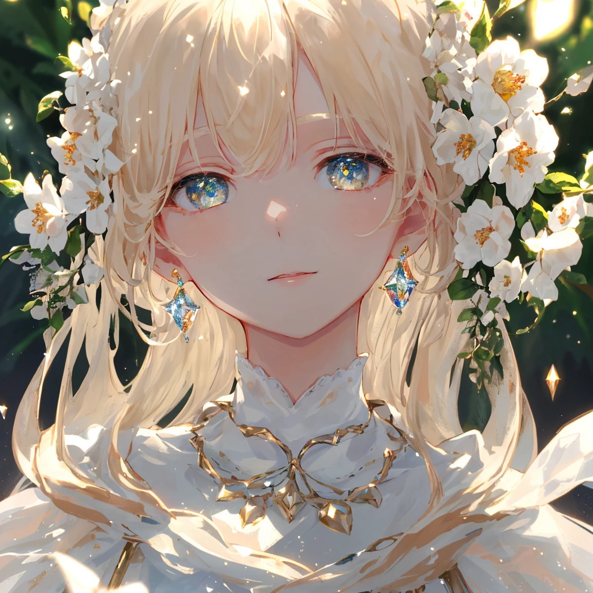1 girl masterpiece, highest quality, shape, crystal ivory cream delight eyes and hair, crystal ivory cream delight earrings, crystal ivory cream delight necklace, soil, earth fairy, cute, (dynamic lighting:1.2), cinematic lighting, delicate features, fine eyes, sharp pupils, realistic student, written boundary depth, Bokeh, sharp focus, (very detailed, bloom, shine:1.4), lots of little gems