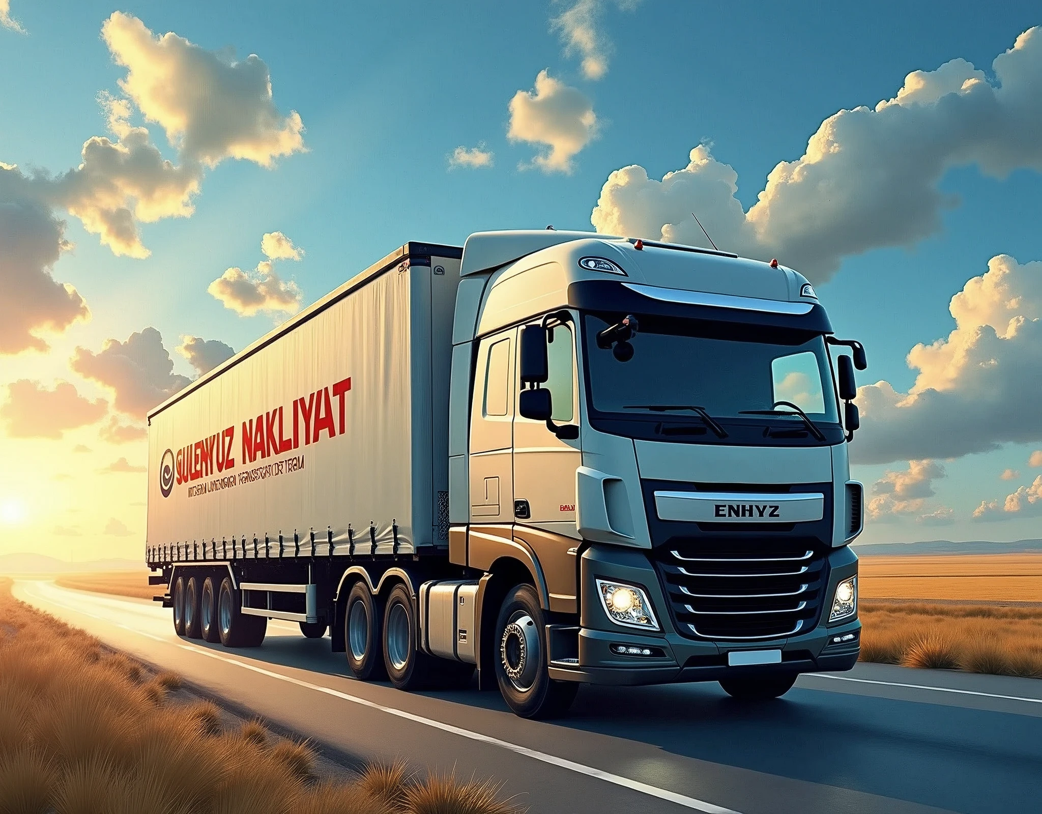 (photorealism:1.2), transport truck, on the road, has a logo that "GULENYUZ NAKLIYAT", international transport firm, a blue sky with sun and clouds, , realistic, intricate details, warm colors, by Greg Rutkowski, by Alphonse Mucha