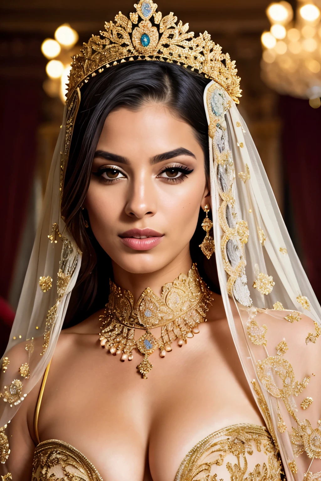 realistic portrait of an extremely beautiful Brazilian woman of royalty, detailed facial features, piercing eyes, elegant long eyelashes, beautiful lips, delicate nose, intricate royal jewelry, ornate headdress, lavish palace interior, golden accents, wearing a sexy outfit, slutty outfit, erotic outfit, dramatic lighting, highly detailed, photorealistic, 8k, cinematic composition, dramatic pose, elegant, regal, masterpiece