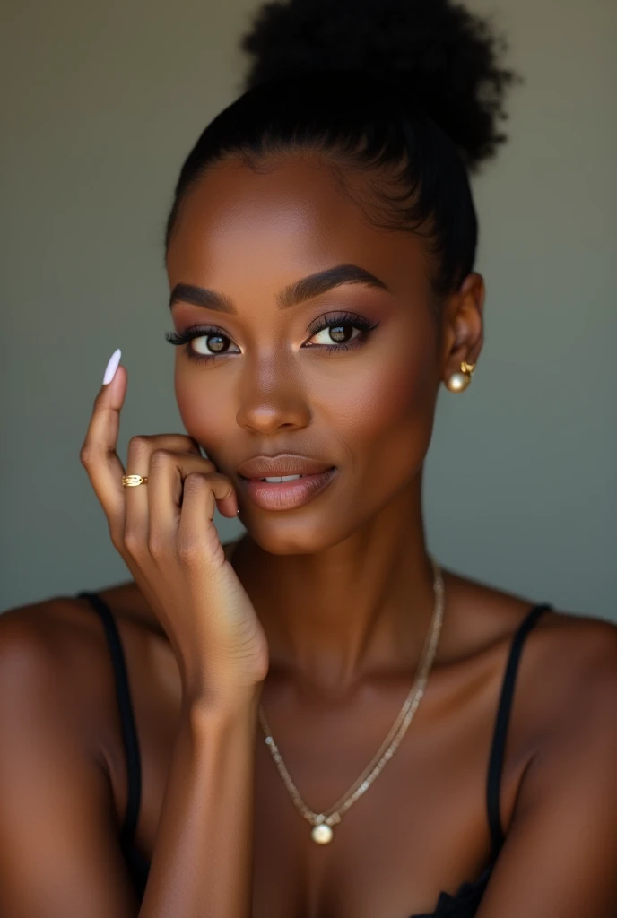 there is a black woman , the woman has her hair slicked back in to a bun, she has dark skin, with dark brownish skin, with she is taking a long shot selfie