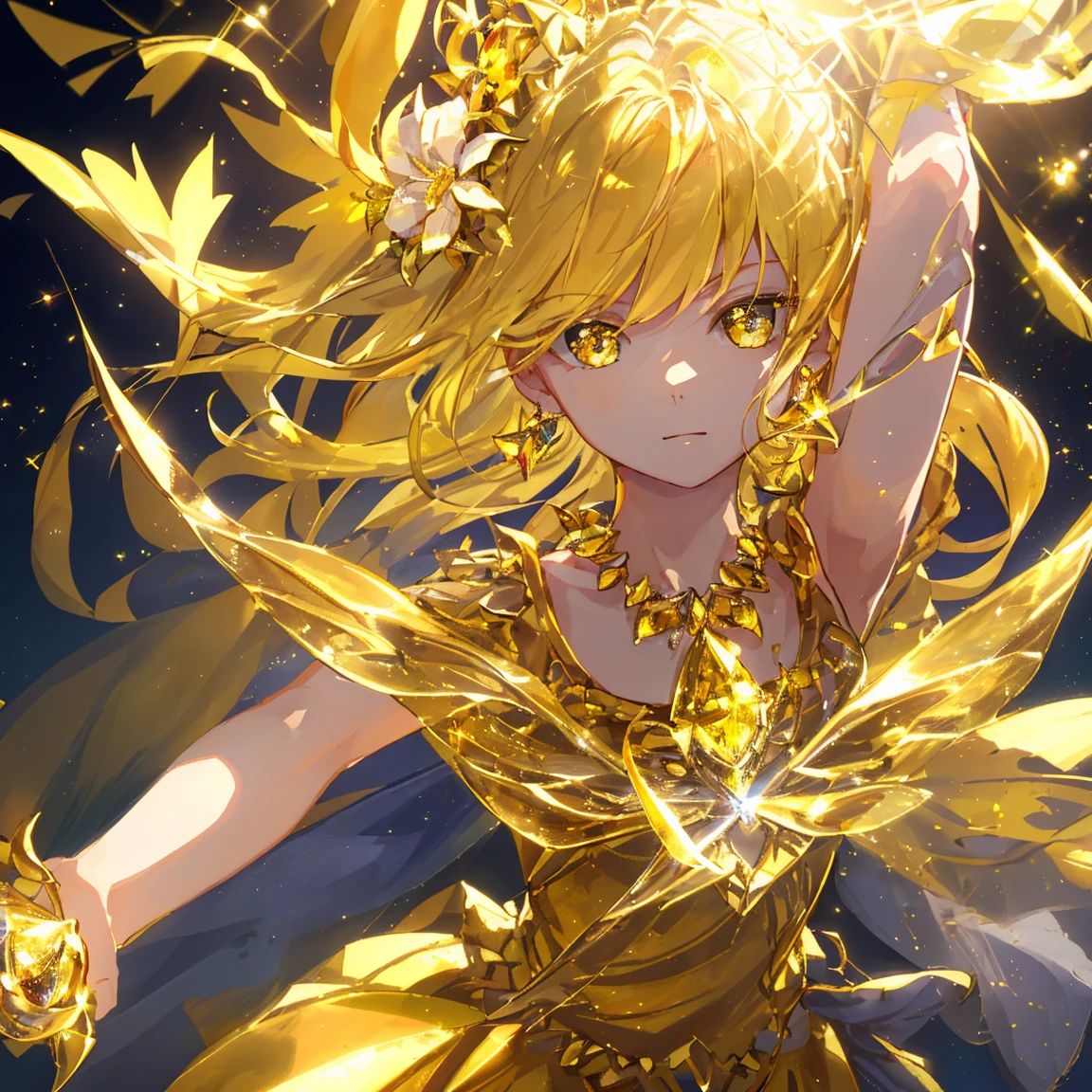 1 girl masterpiece, highest quality, shape, yellow sapphire eyes and hair, yellow sapphire earrings, yellow sapphire necklace, sword, metal fairy, cute, (dynamic lighting:1.2), cinematic lighting, delicate features, fine eyes, sharp pupils, realistic student, written boundary depth, Bokeh, sharp focus, (very detailed, bloom, shine:1.4), lots of little gems