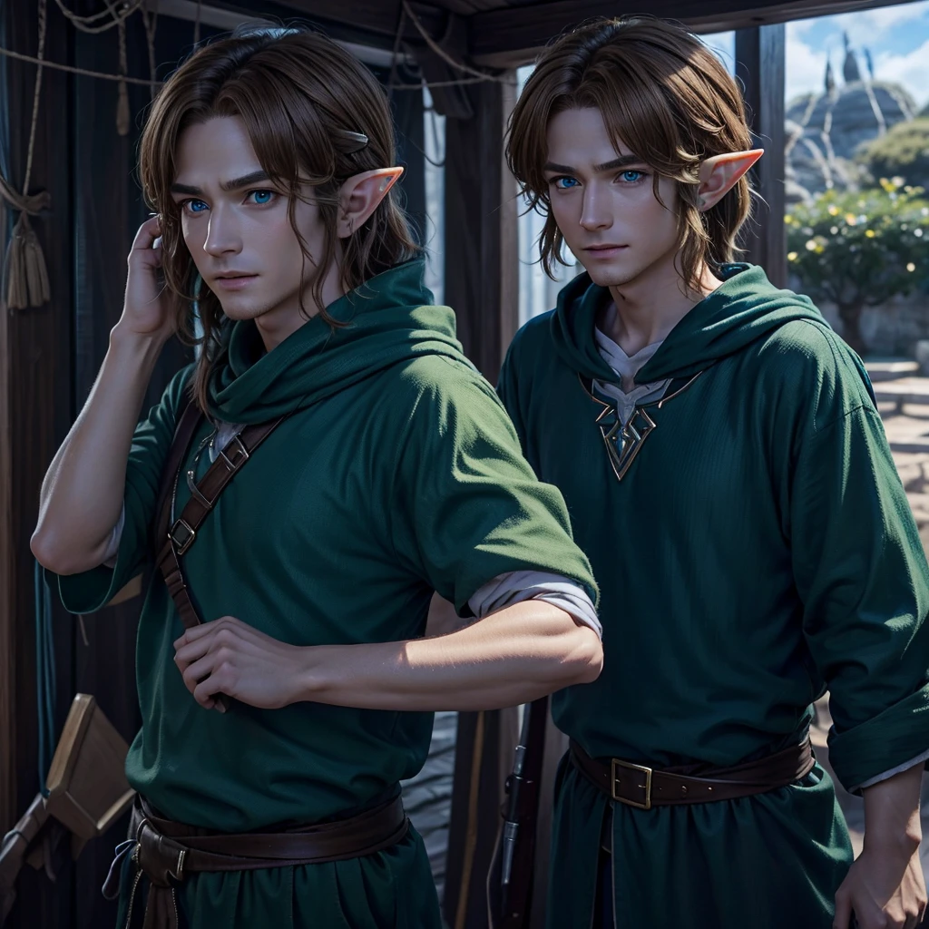 Very detailed, live-action、Only one person、The ultra-realistic Link from The Legend of Zelda、Very detailed顔の特徴, Piercing blue eyes, Sharp jawline, disheveled brown hair, Happy expression, Green-themed elf clothing