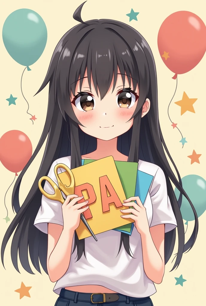 face GIRL cartoon anime type LONG BLACK HAIR SMALL EYES WHITE SHIRT acronym PA HOLDING a golden pair of scissors and many sheets of colored paper, beige background stars, balloons and paper cuts flying
