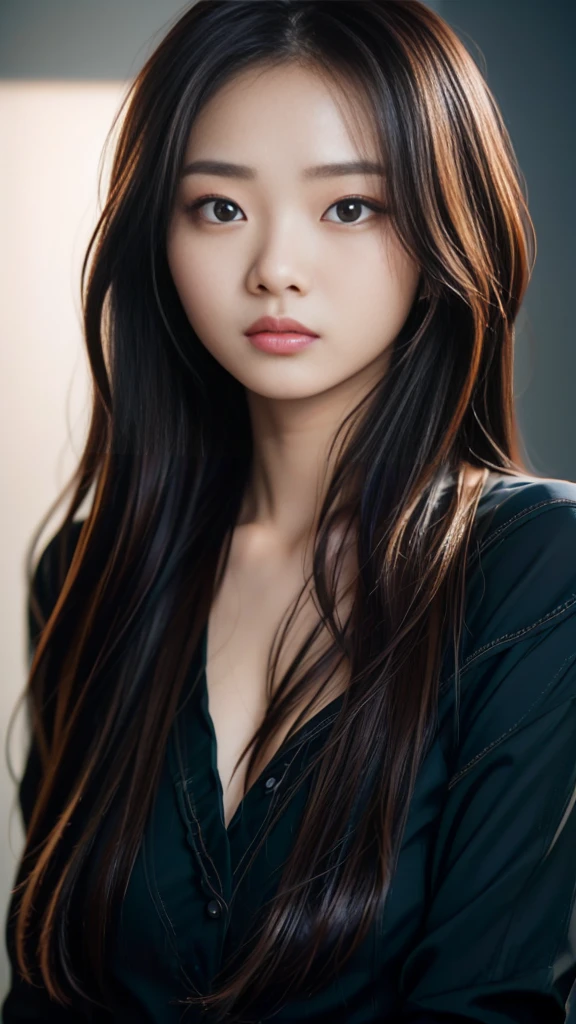 1japanese girl, brown hair, long hair,black shirt,blue pants,cool face,丸い形をした nose, black eyes,best quality, masterpiece, ultra high resolution, super detailed, photorealistic, intricate details, cinematic lighting, dramatic shadows, muted color palette, seamless blending, highly realistic, volumetric lighting, depth of field, hyperrealism, award-winning photography,upper body,from front,white background,looking at viewer、垂れ目、big eyes