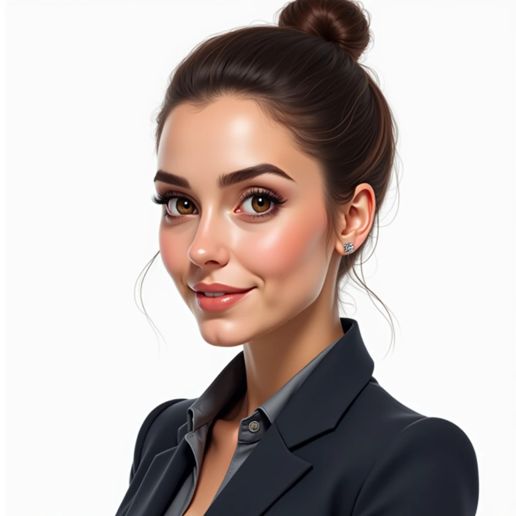 Create an image of Laura, a 35 year old financial manager. Crie uma imagem realista. She has dark brown hair tied in a sleek bun., light brown eyes full of determination and is wearing a suit.
and sensual. Do not cut any part of the body, on solid white background.