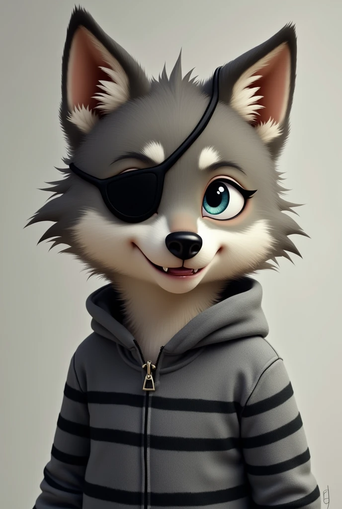 He was like a little wolf with an eye patch and a grey sweater with black stripes.