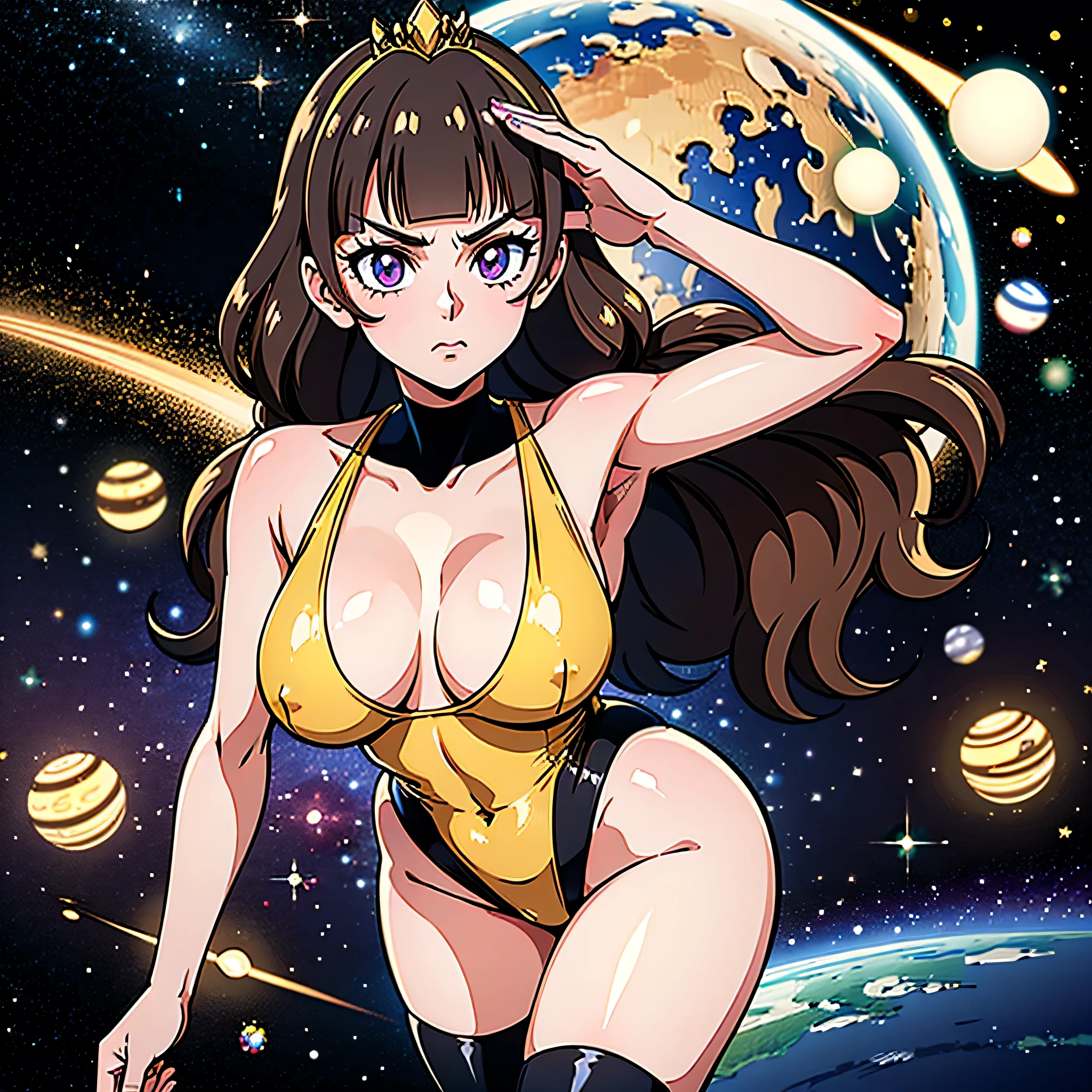(1 girl), (solo), ((amanogawaki)), best quality, highres, high quality, 8k, HD, super detail, anatomically correct, UHD, accurate, (masterpiece:1.0), (high quality:1.0), (ultra detailed), (Planets on a Galaxy background), Purple Eyes, Looking At viewer, Serious Face, detailed eyes, (Black Leotard), (Black thigh Highs), (perfect hands), (Golden Tiara with a Gem)