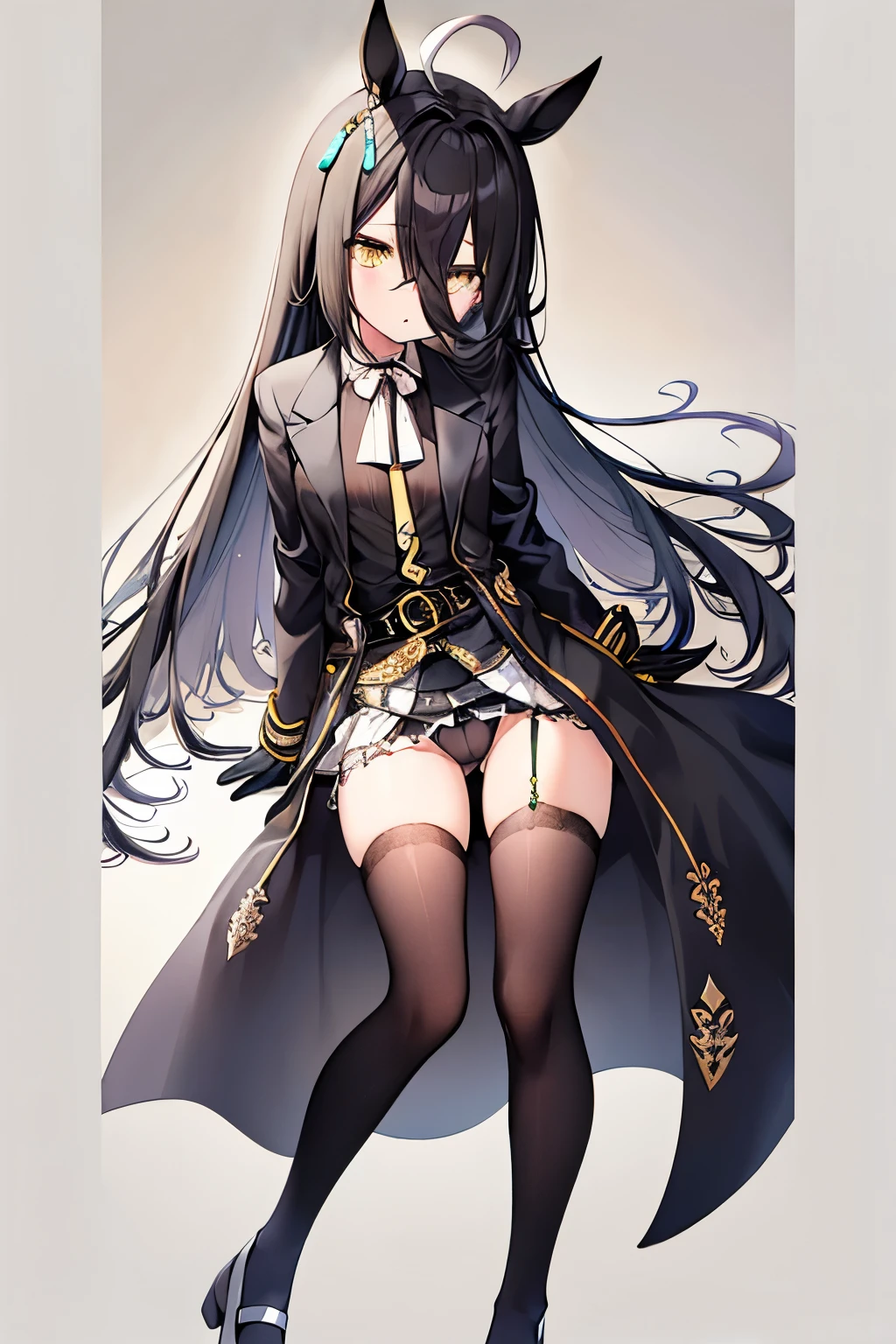((masterpiece))、((Highest quality))、Full-body wide-angle、(solo)、Manhattan Cafe,Manhattan Cafe(Racing wear),、White Ahoge, (Long black hair)、Long black bangs between the eyes,,、Black horse ears、Horse tail、Yellow eyes without highlights、(((Small breasts)))、((Black long coat))、((Black Bra))、 ((Black Panties))、Black gloves、Yellow tie、belt、Mouth closed、Black tights、Exposed thighs、Cameltoe