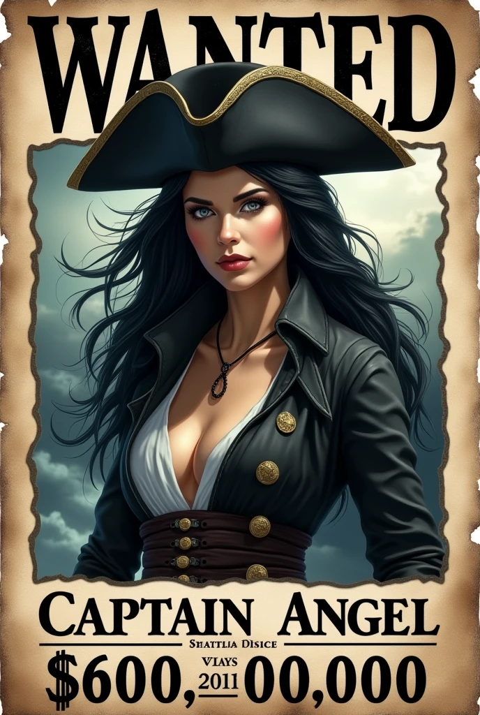 Make a wanted poster for a female pirate captain, black haired wistoh a cash reward, and add silver eyes to the captain. Add wristoing "Death or Life" below the name "Captain Angel", add a pirate hat to the captain, add a reward of $ 600.000.000, put the captain around 30 years old

