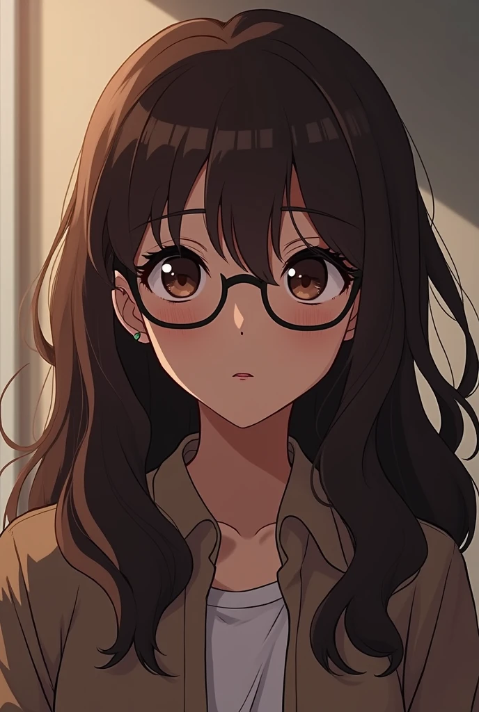 Dark brown haired girl,brown skin,glasses,Dark brown eyes and medium-long wavy straight hair in the Tokyo Revengers universe
